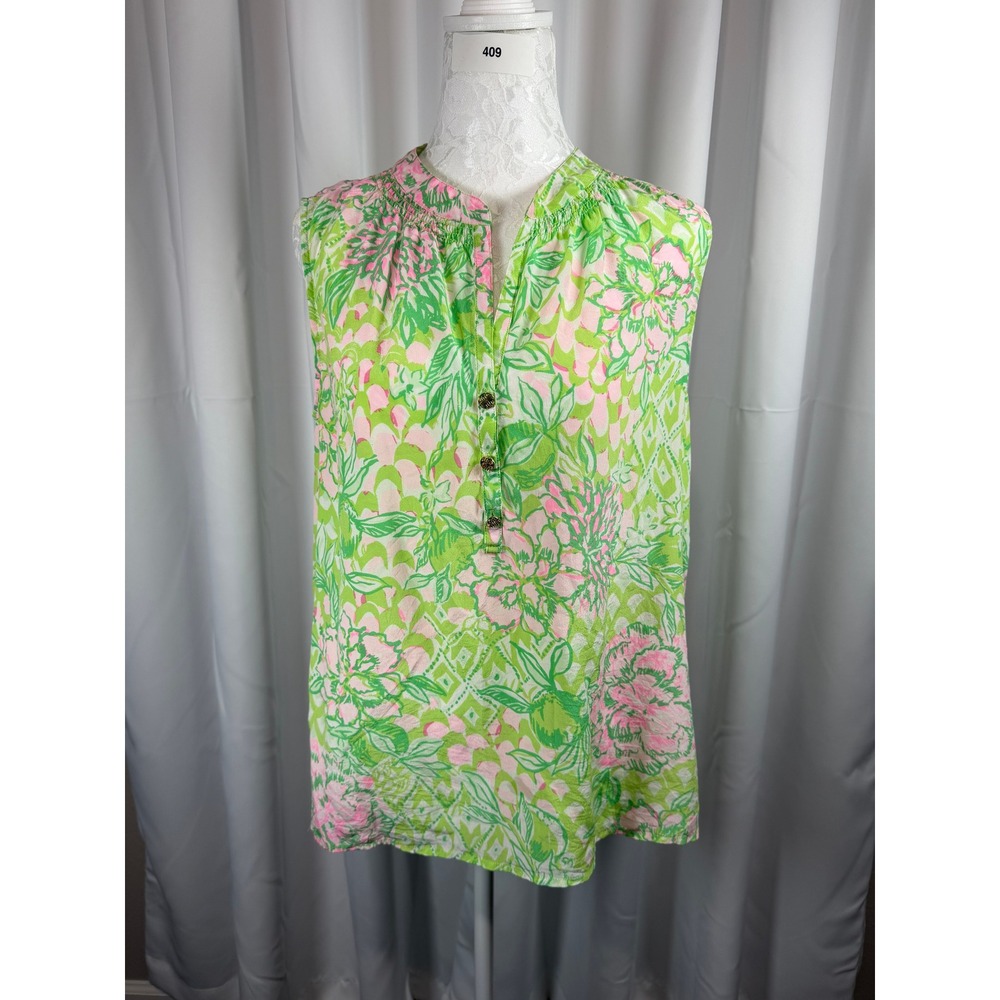 Lilly Pulitzer Womens Green Pink Floral 100% Silk Sleeveless Blouse Top Large